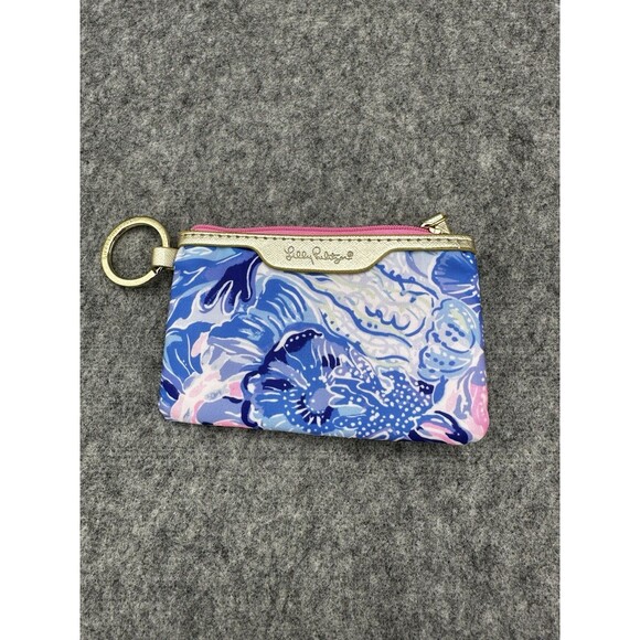 Lilly Pulitzer Wristlet ID Case Zip Pouch with Key Ring Attachment Blue Pink - Picture 2 of 7